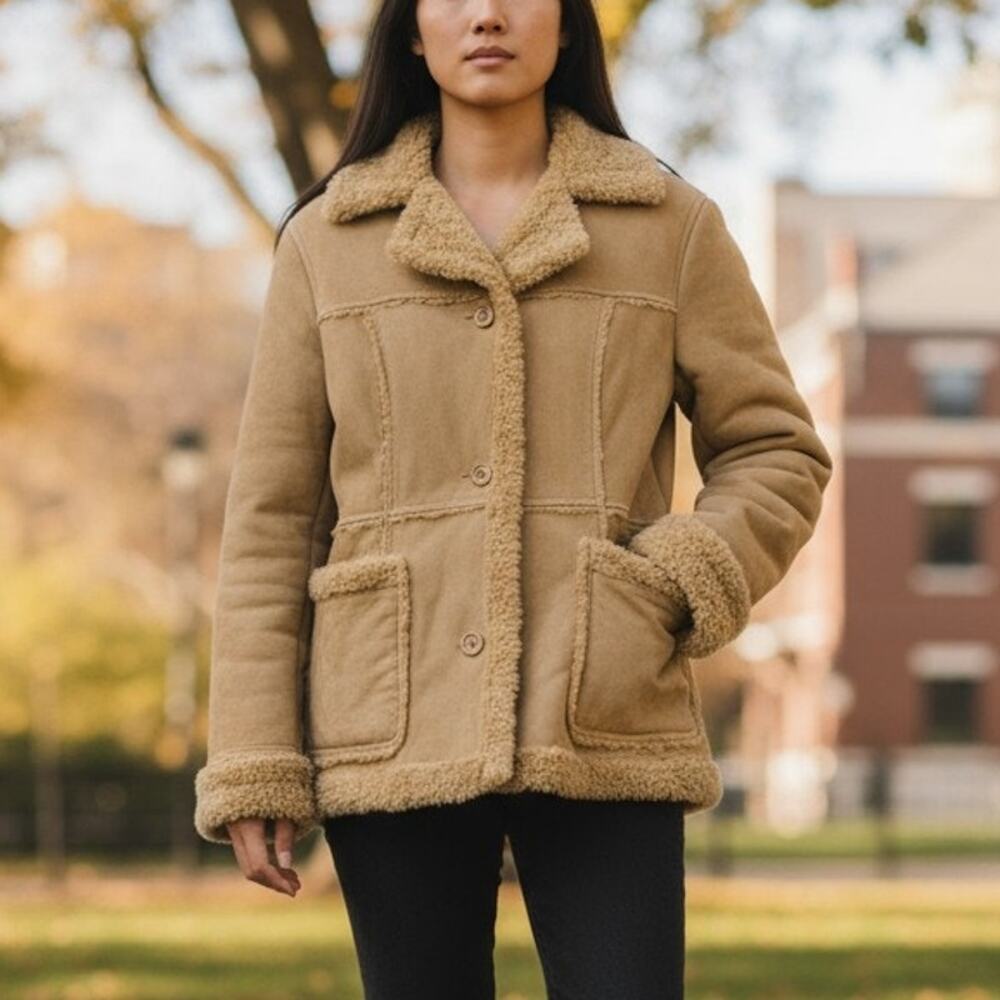 Vintage Y2K 2000s Mudd Beige Tan Faux Fur Lined Leather Jacket Coat Small